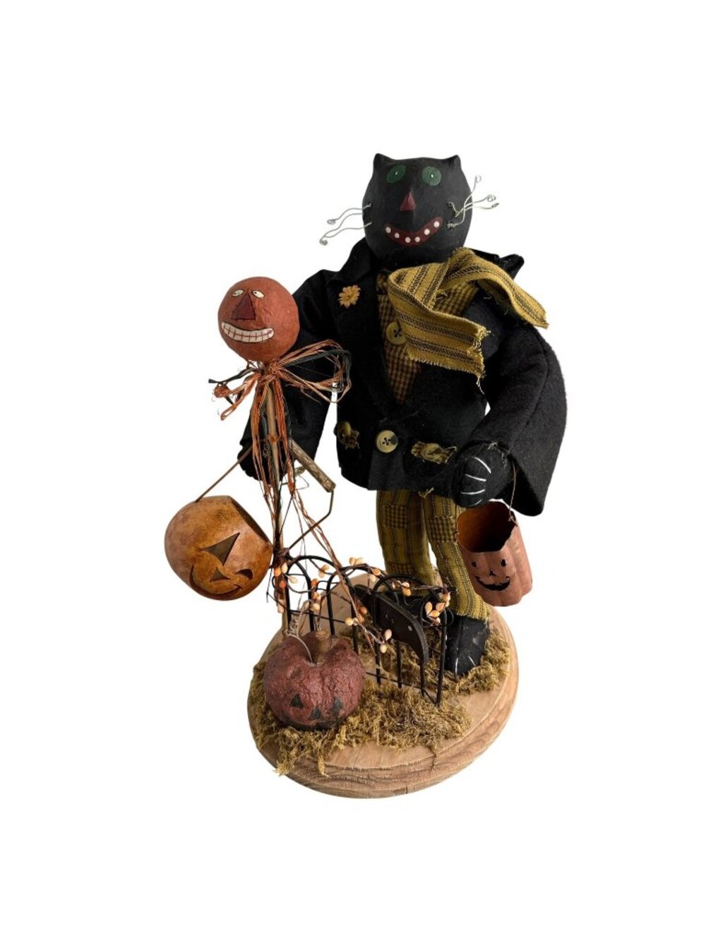 Paper Mache Black Cat & Pumpkin Head Folk Art Halloween Figure 14.5” Retro